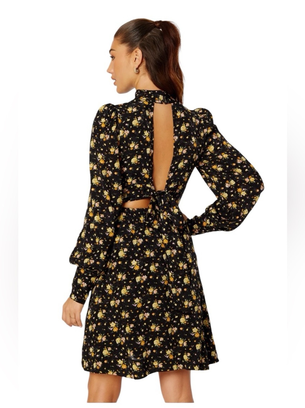 Yumi Women’s Midi Long Sleeve Open-Back Black Floral Night Garden Dress New M
